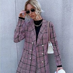 Plm Womens Jacket Coat Red Tweed Plaid Buttons Double Breasted Collar M New